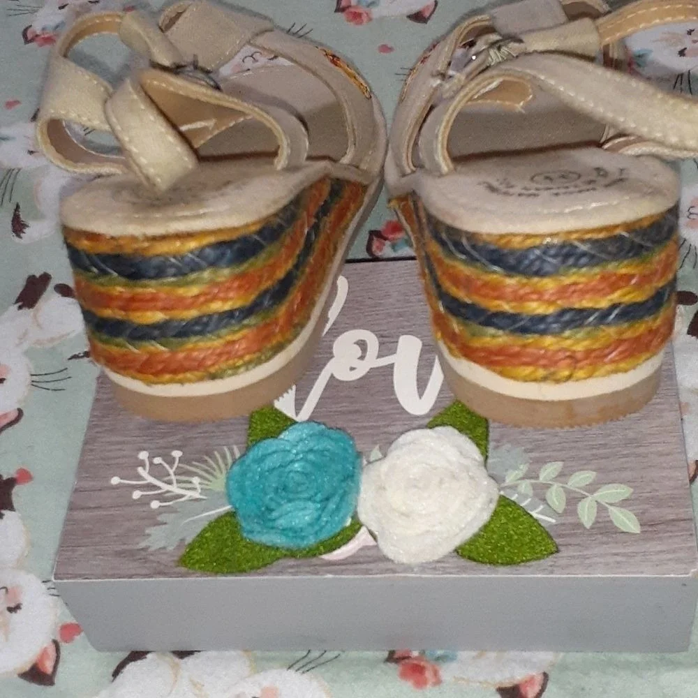 70s Vintage Kids Tan Wedge Sandals with Cute Cat Embroidery Espadrille‎ rainbow